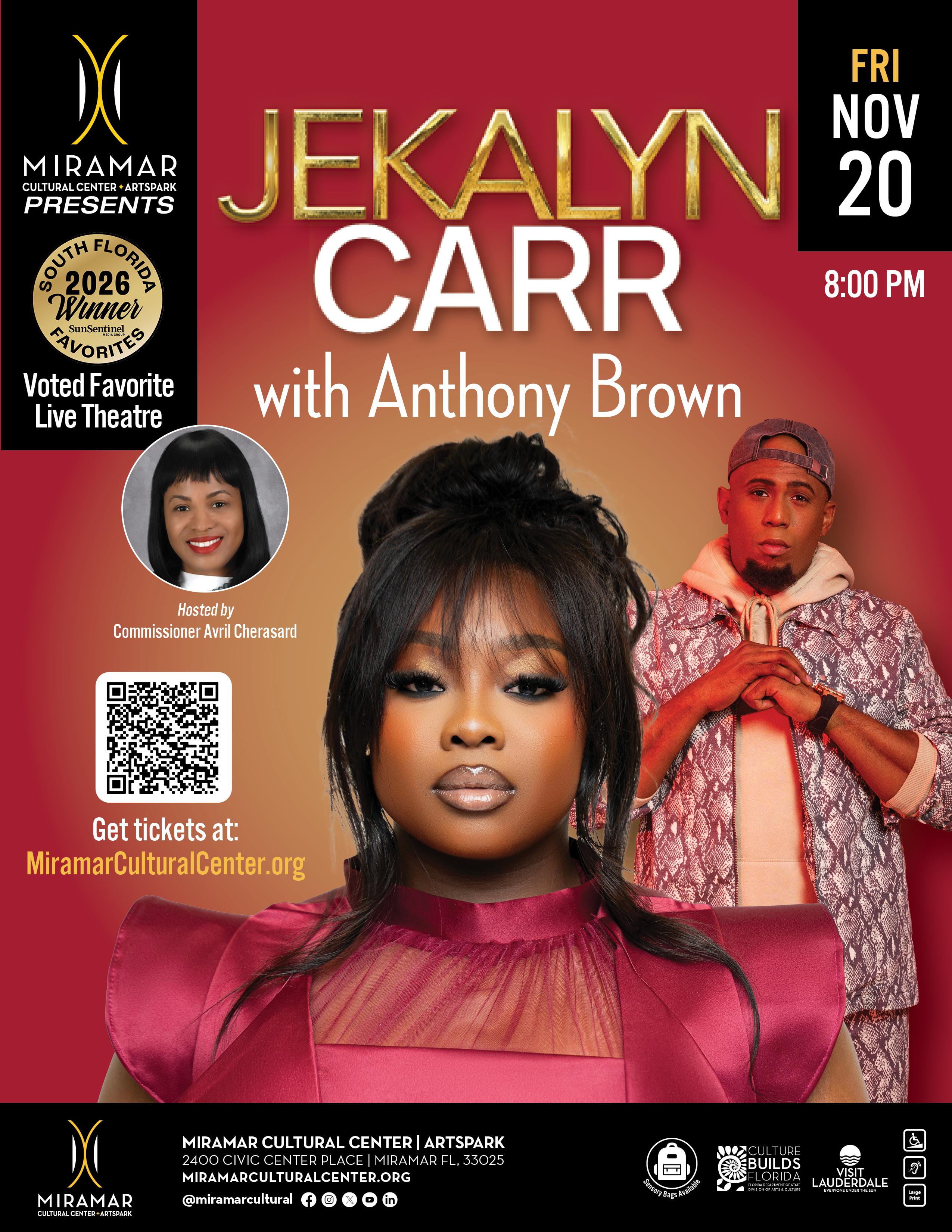 flyer for mcc presents jekalyn carr at the miramar cultural center on november 24th